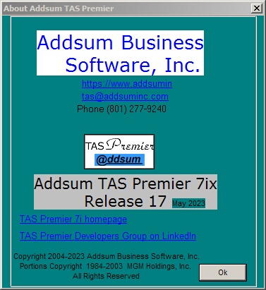 Addsum TAS Premier 7ix release 16 about screen